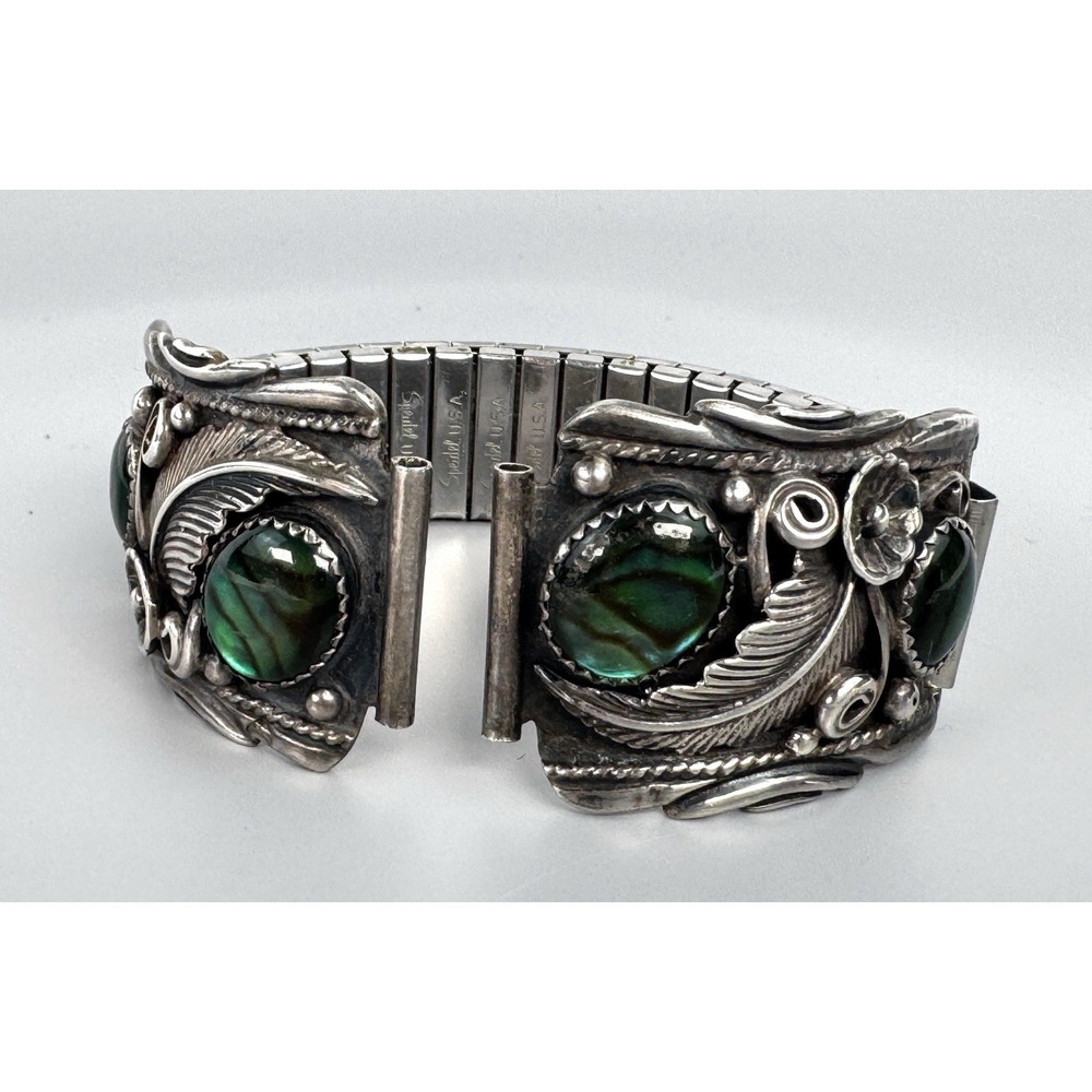Navajo Guild Style Sterling Silver Green Abalone Watch Tips TJW Speidel 20mm